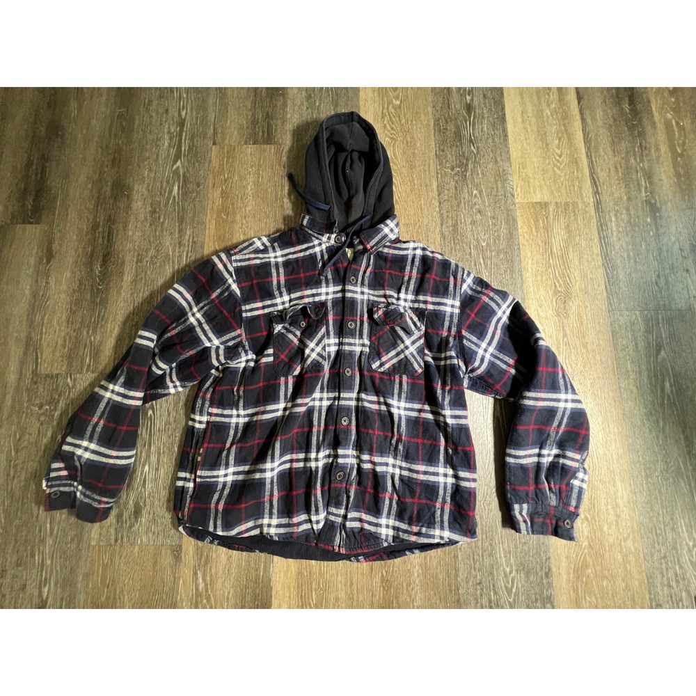 Chaps Denim Hooded Flannel Shirt Jacket Mens XL Navy Red Plaid Padded Lined